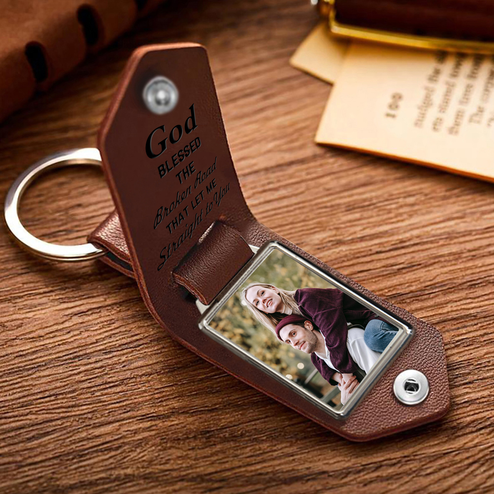 Personalised Couple Leather Keychain God Bless The Broken Road Custom with Photo 2 Names Keychain Gifts for Lover-Jessemade AU