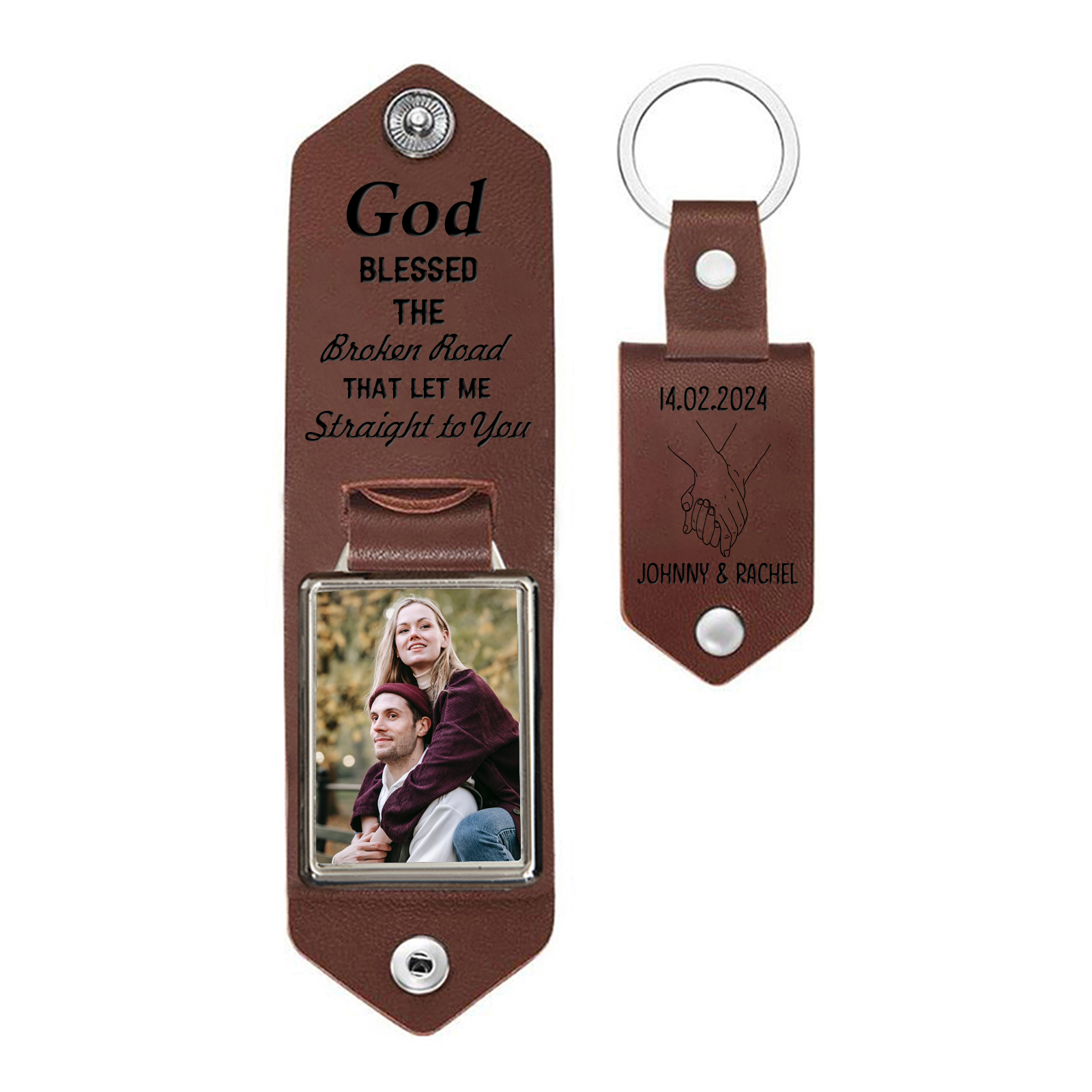 Personalised Couple Leather Keychain God Bless The Broken Road Custom with Photo 2 Names Keychain Gifts for Lover