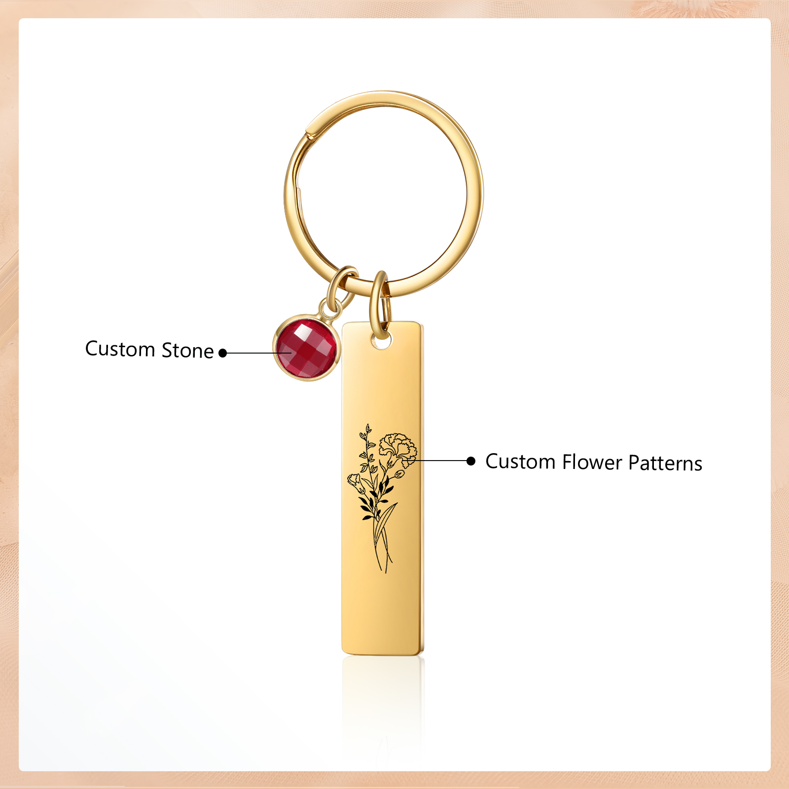 Personalised Keychain with 1 Birthstone & 1 Birth Flower Perfect Gift for Friends & Christmas