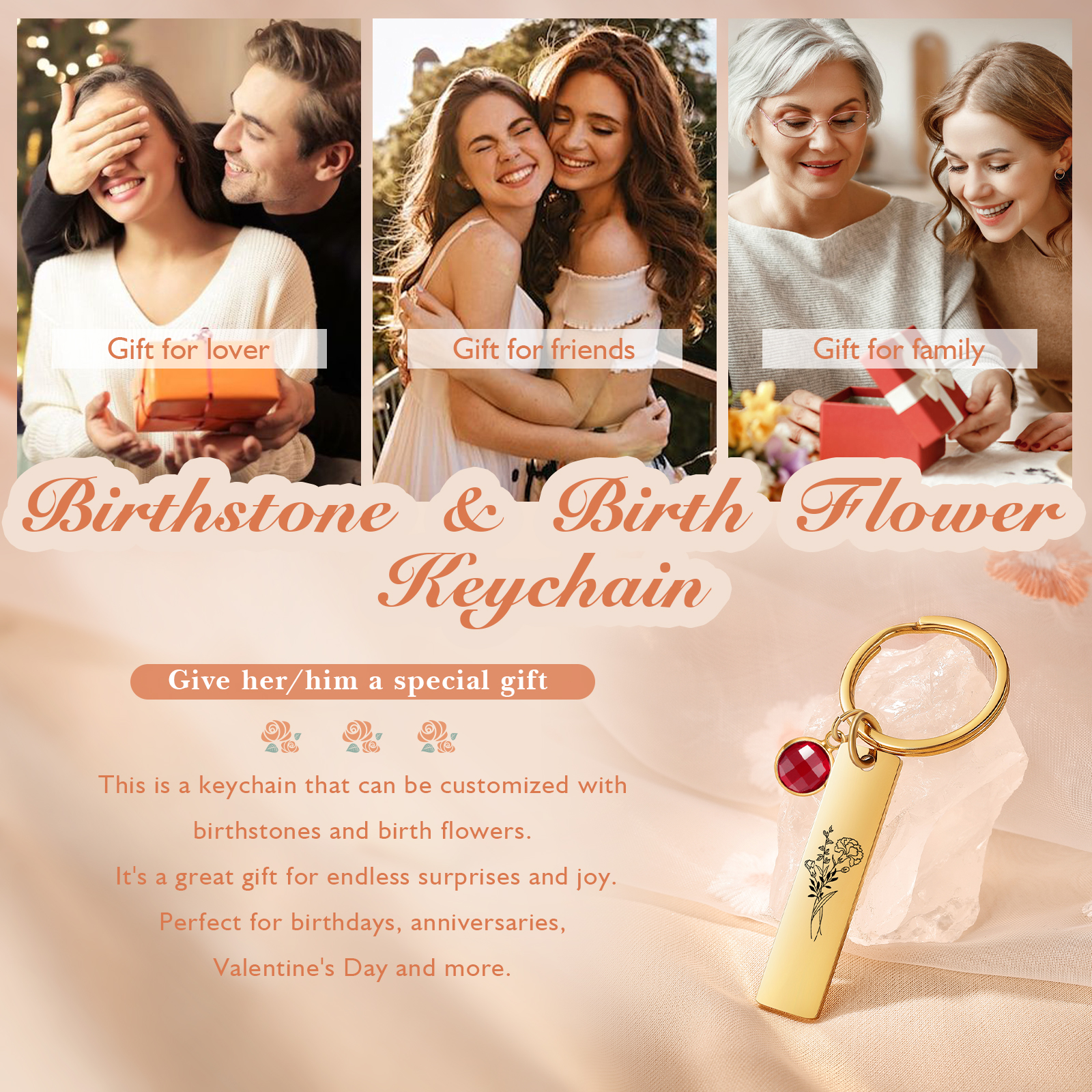 Personalised Keychain with 1 Birthstone & 1 Birth Flower Perfect Gift for Friends & Christmas