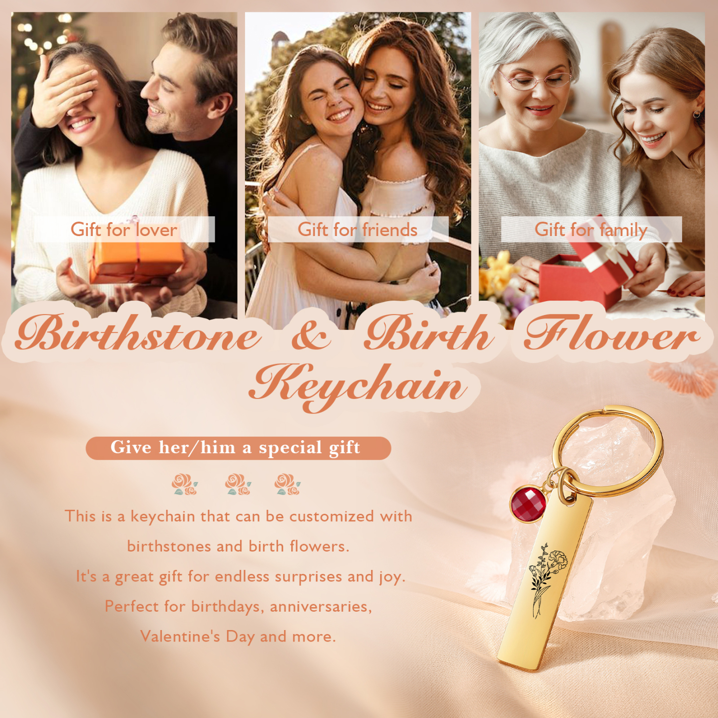 Personalised Keychain with 1 Birthstone & 1 Birth Flower Perfect Gift for Friends & Christmas