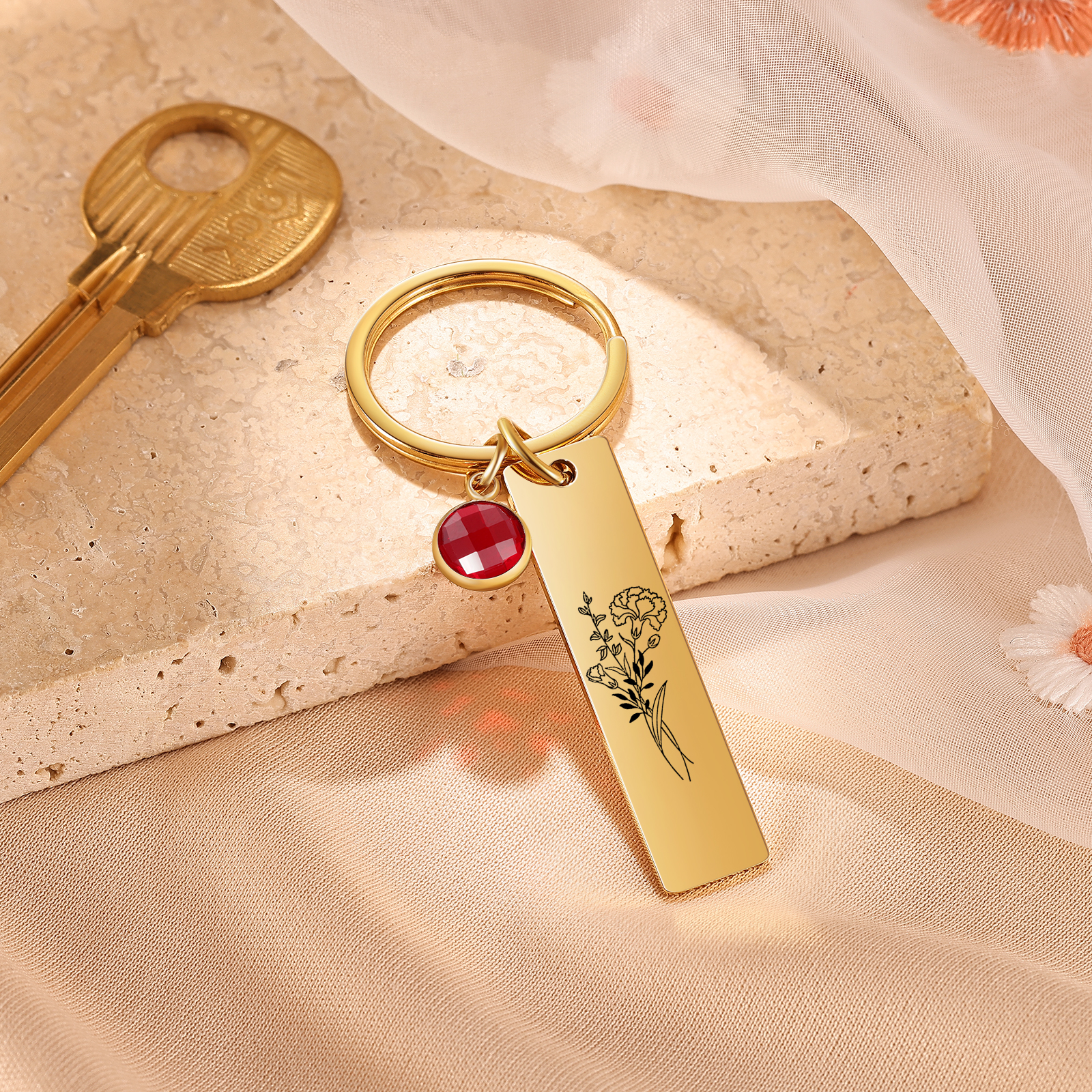 Personalised Keychain with 1 Birthstone & 1 Birth Flower Perfect Gift for Friends & Christmas
