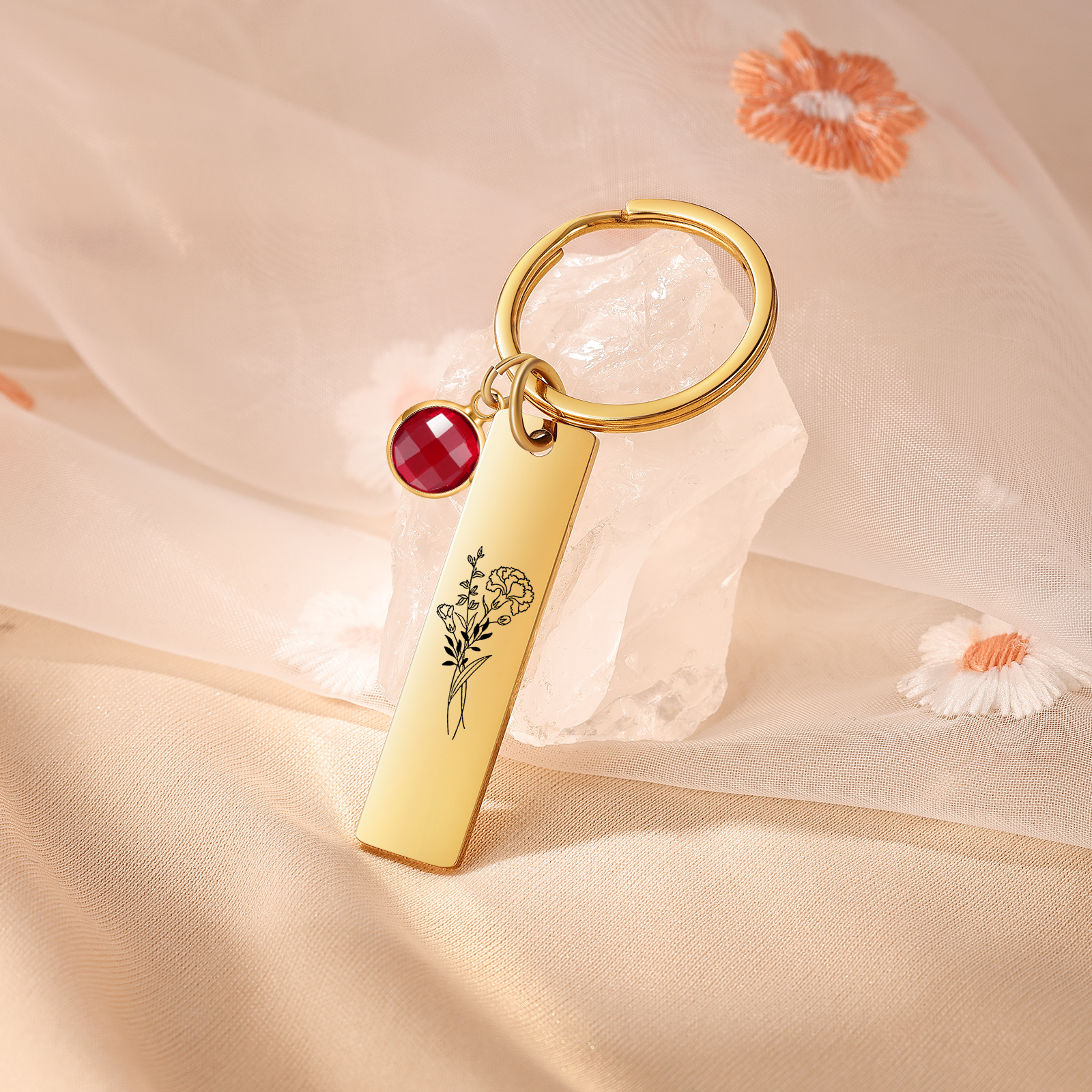 Personalised Keychain with 1 Birthstone & 1 Birth Flower Perfect Gift for Friends & Christmas