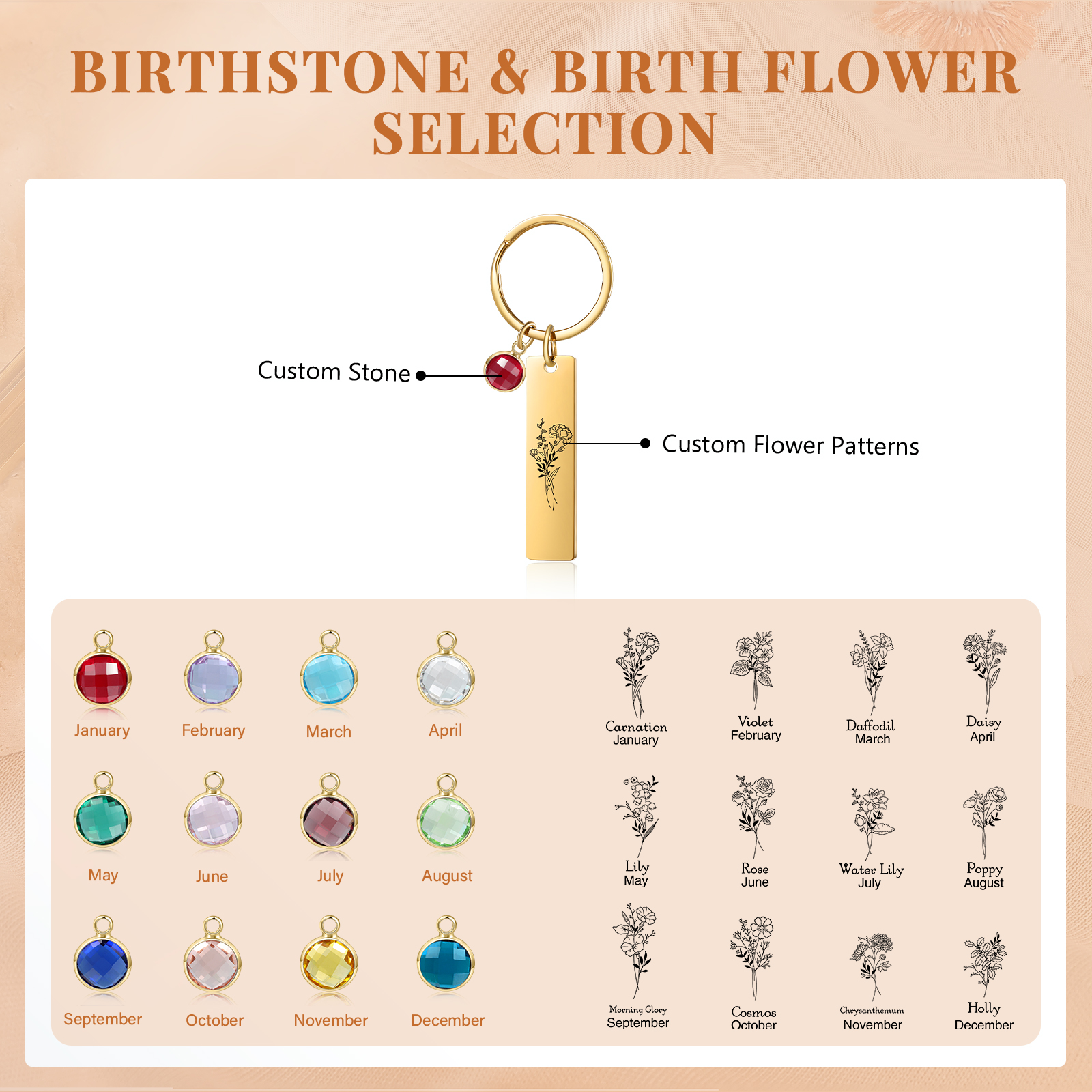 Personalised Keychain with 1 Birthstone & 1 Birth Flower Perfect Gift for Friends & Christmas