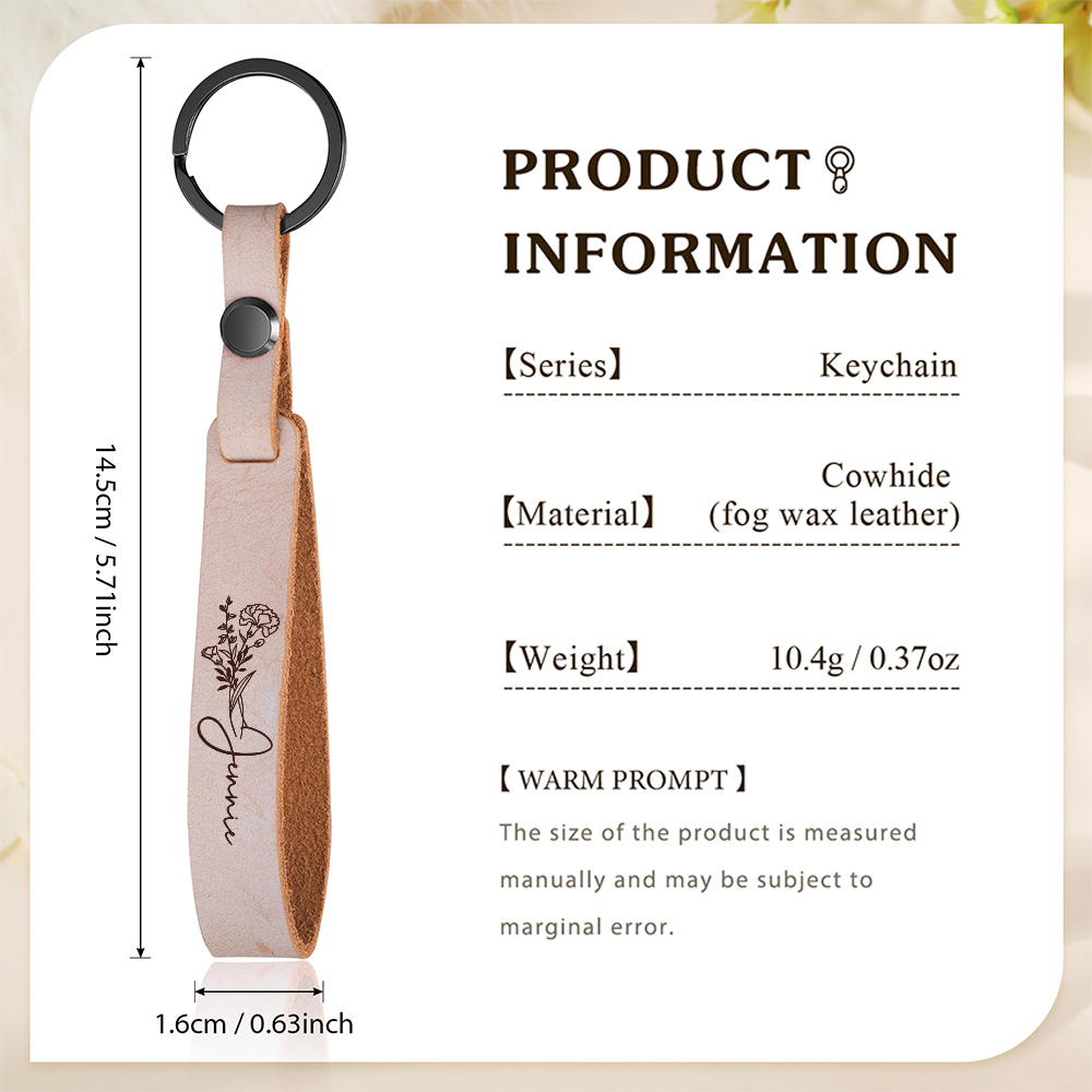 Personalised Birth Flower Keychain Custom Name Keyring Leather Birthday Gifts for Her-Jessemade AU