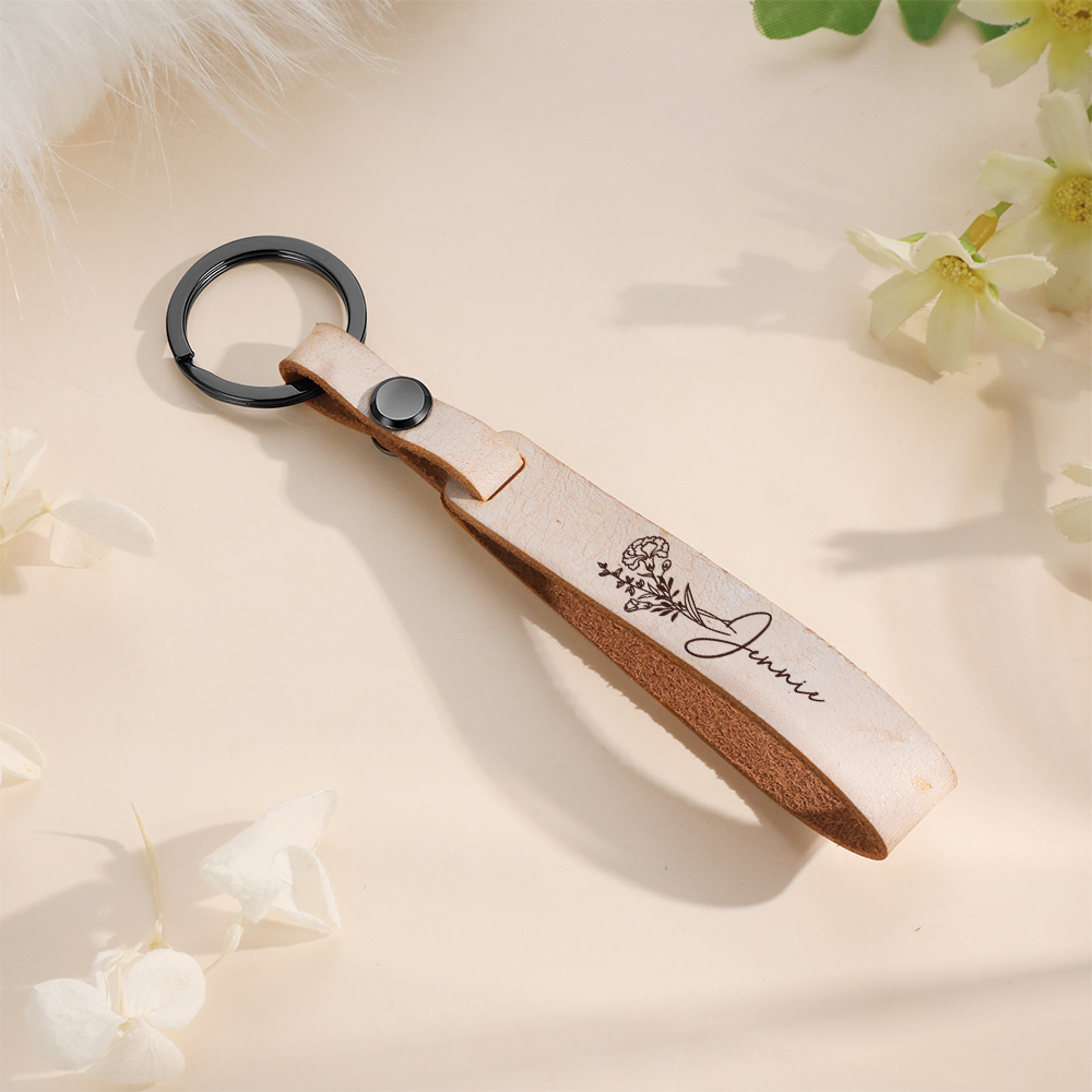 Personalised Birth Flower Keychain Custom Name Keyring Leather Birthday Gifts for Her-Jessemade AU