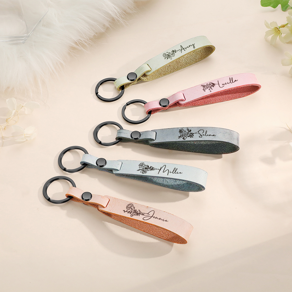 Personalised Birth Flower Keychain Custom Name Keyring Leather Birthday Gifts for Her-Jessemade AU