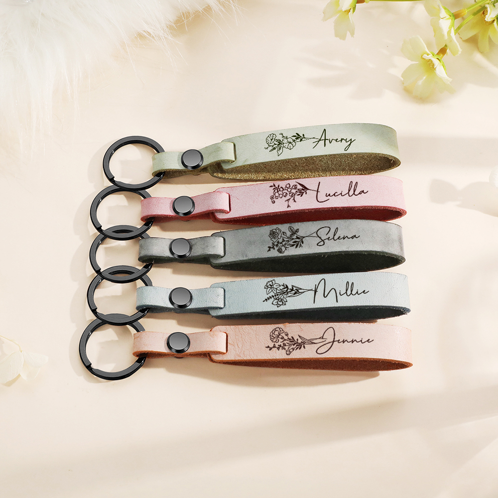 Personalised Birth Flower Keychain Custom Name Keyring Leather Birthday Gifts for Her-Jessemade AU
