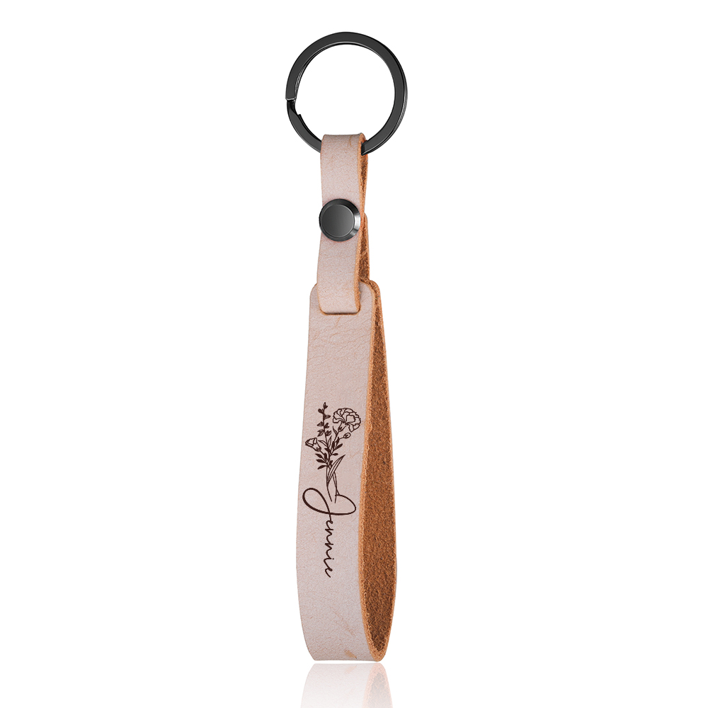 Personalised Birth Flower Keychain Custom Name Keyring Leather Birthday Gifts for Her
