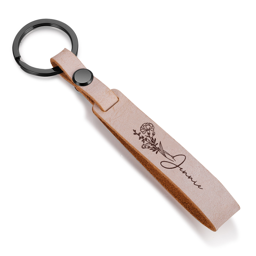 Personalised Birth Flower Keychain Custom Name Keyring Leather Birthday Gifts for Her-Jessemade AU