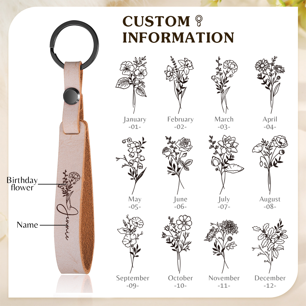 Personalised Birth Flower Keychain Custom Name Keyring Leather Birthday Gifts for Her