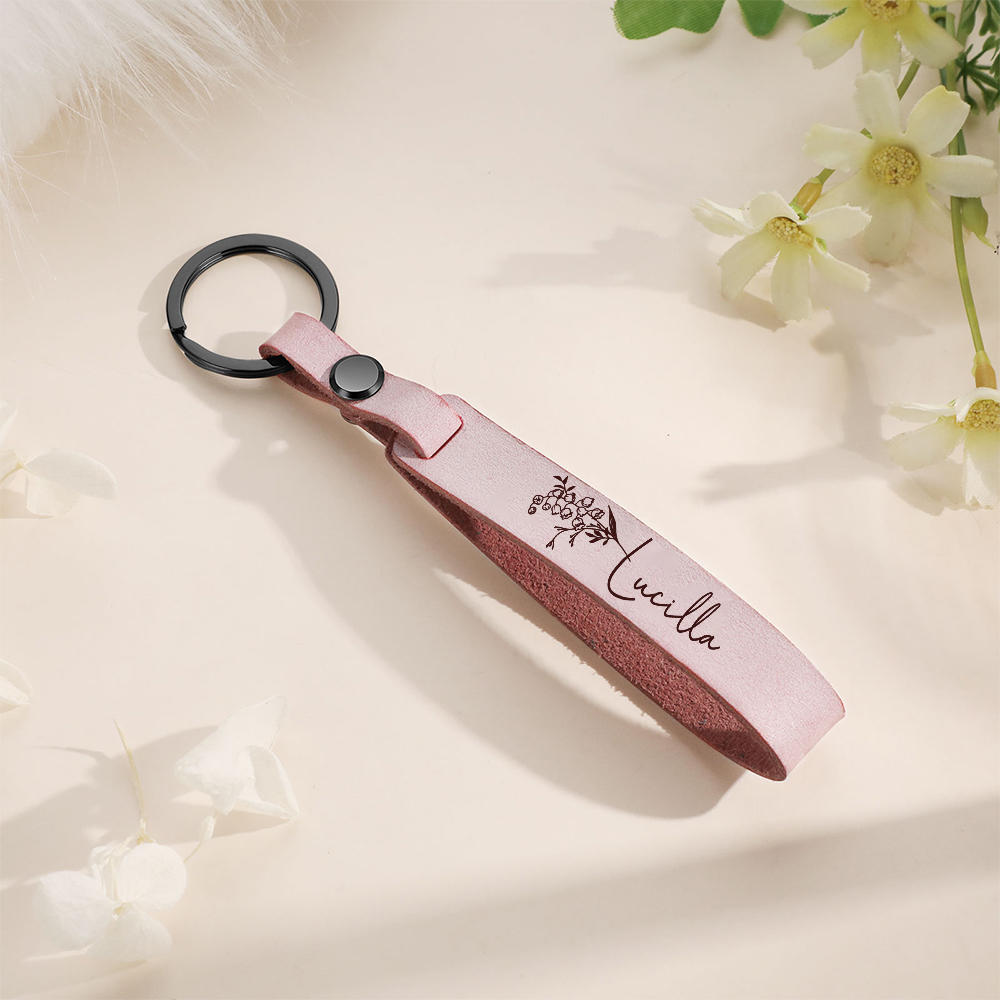 Personalised Birth Flower Keychain Custom Name Keyring Leather Birthday Gifts for Her-Jessemade AU