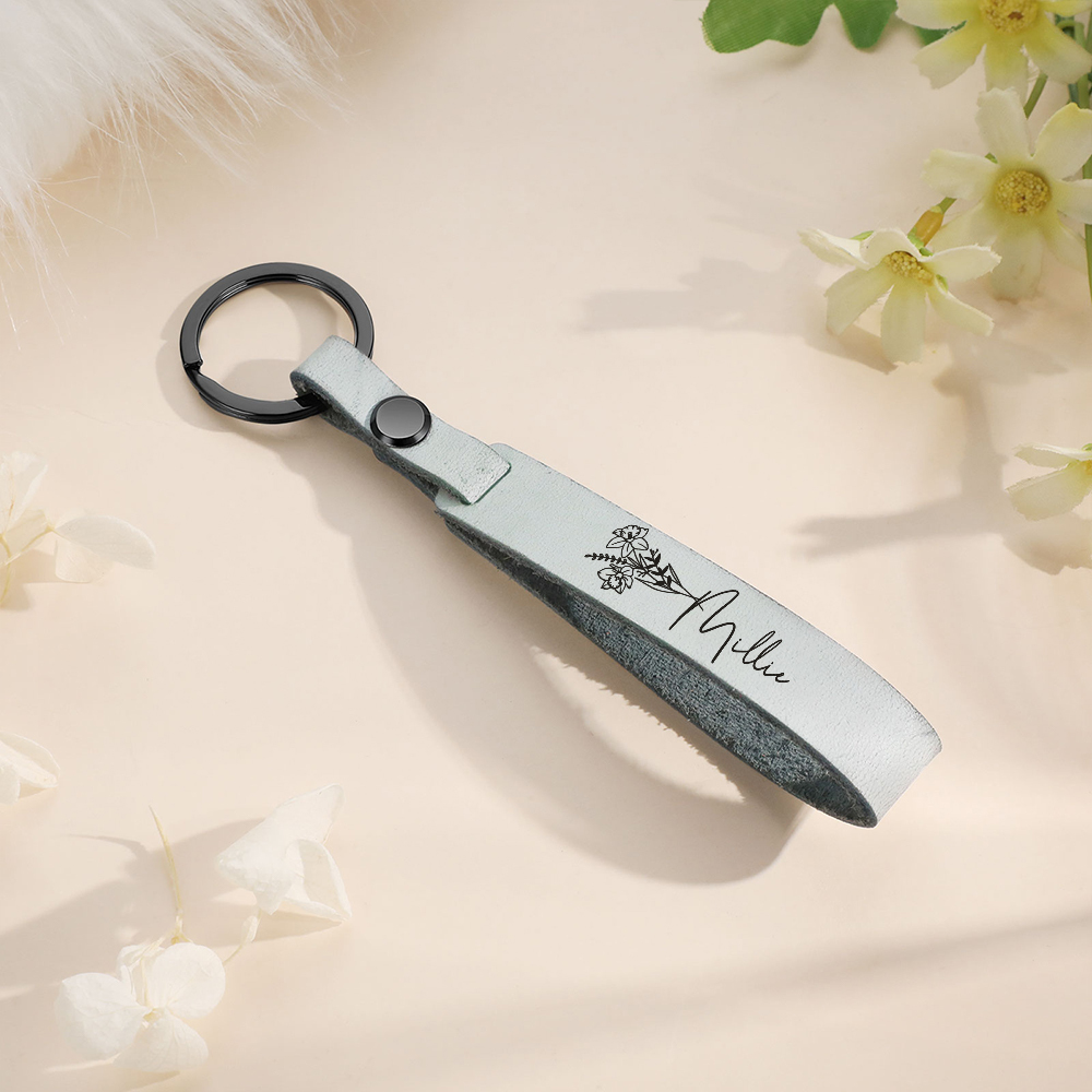 Personalised Birth Flower Keychain Custom Name Keyring Leather Birthday Gifts for Her-Jessemade AU