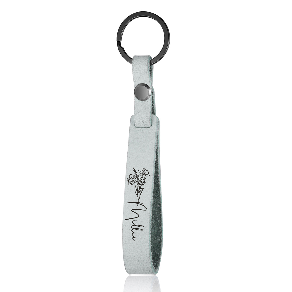 Personalised Birth Flower Keychain Custom Name Keyring Leather Birthday Gifts for Her-Jessemade AU