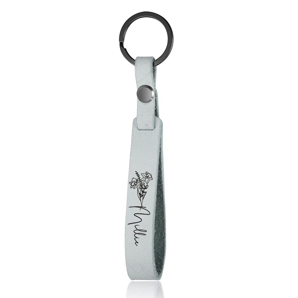 Personalised Birth Flower Keychain Custom Name Keyring Leather Birthday Gifts for Her-Jessemade AU