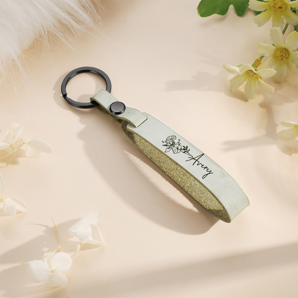 Personalised Birth Flower Keychain Custom Name Keyring Leather Birthday Gifts for Her-Jessemade AU