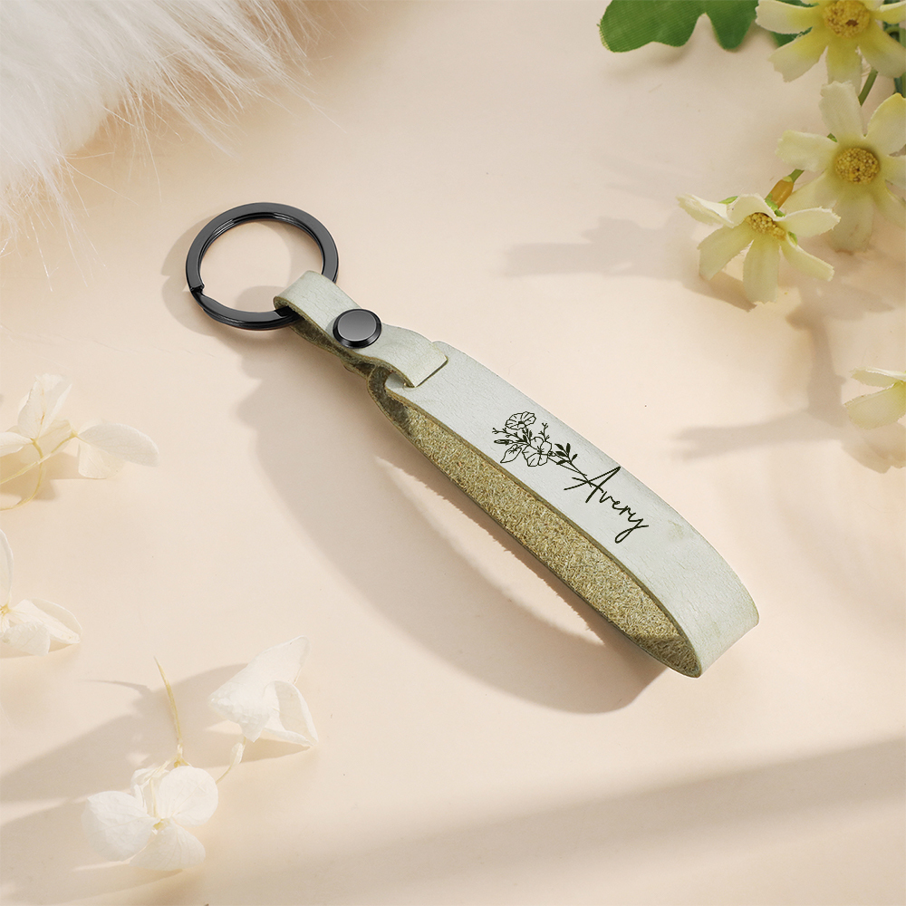 Personalised Birth Flower Keychain Custom Name Keyring Leather Birthday Gifts for Her-Jessemade AU