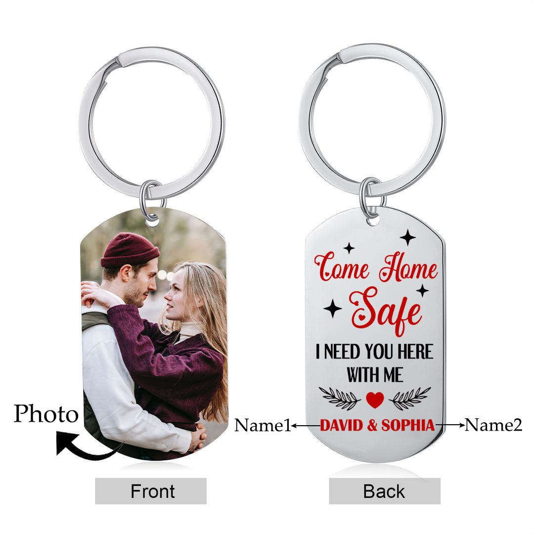 Personalised Come Home Safe Keychain with 2 Names & Photo A Meaningful Gift for Couples