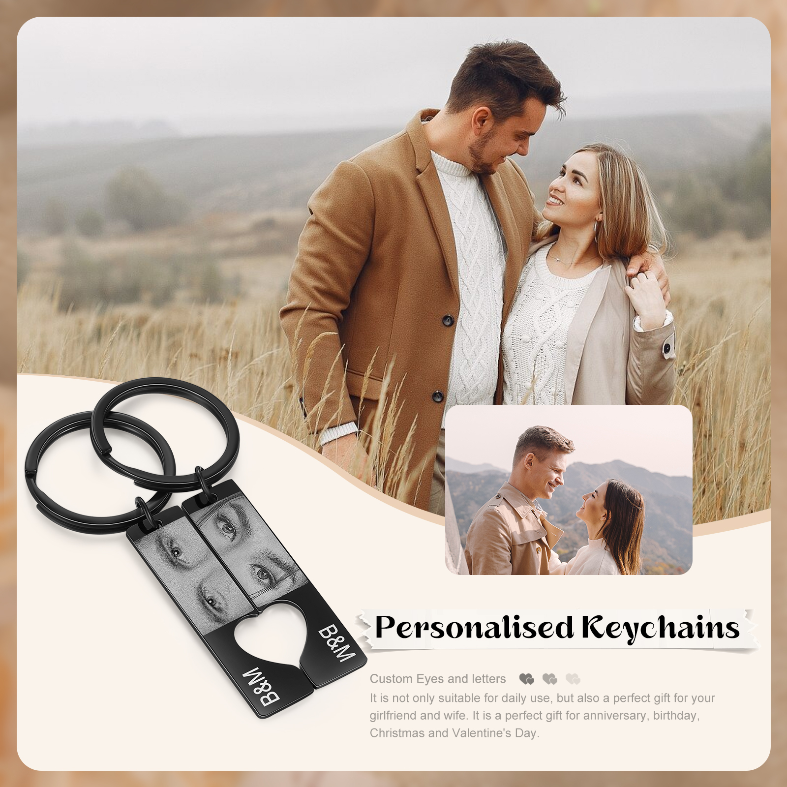 Personalised Eye Photo Keychain Custom 2 Photos and 2 Letters Heart Puzzle Matching Keychain Gift for Couple