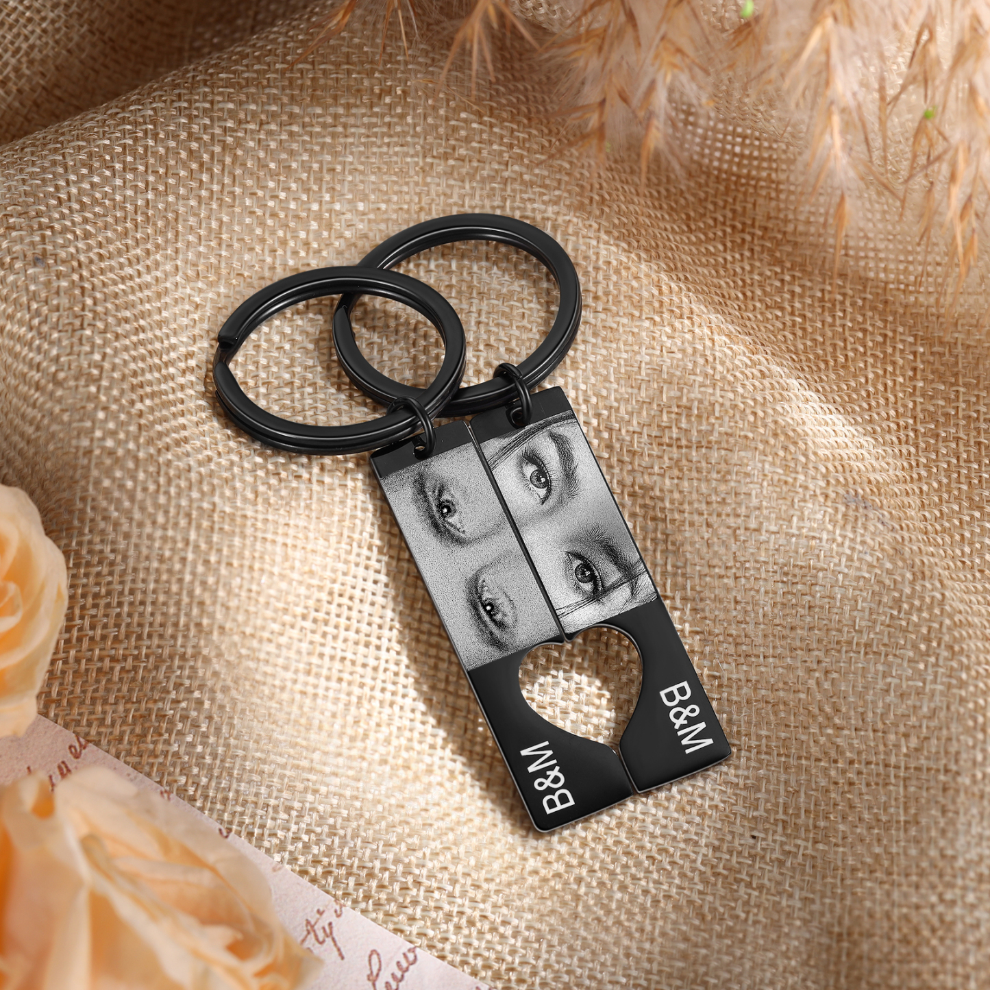 Personalised Eye Photo Keychain Custom 2 Photos and 2 Letters Heart Puzzle Matching Keychain Gift for Couple