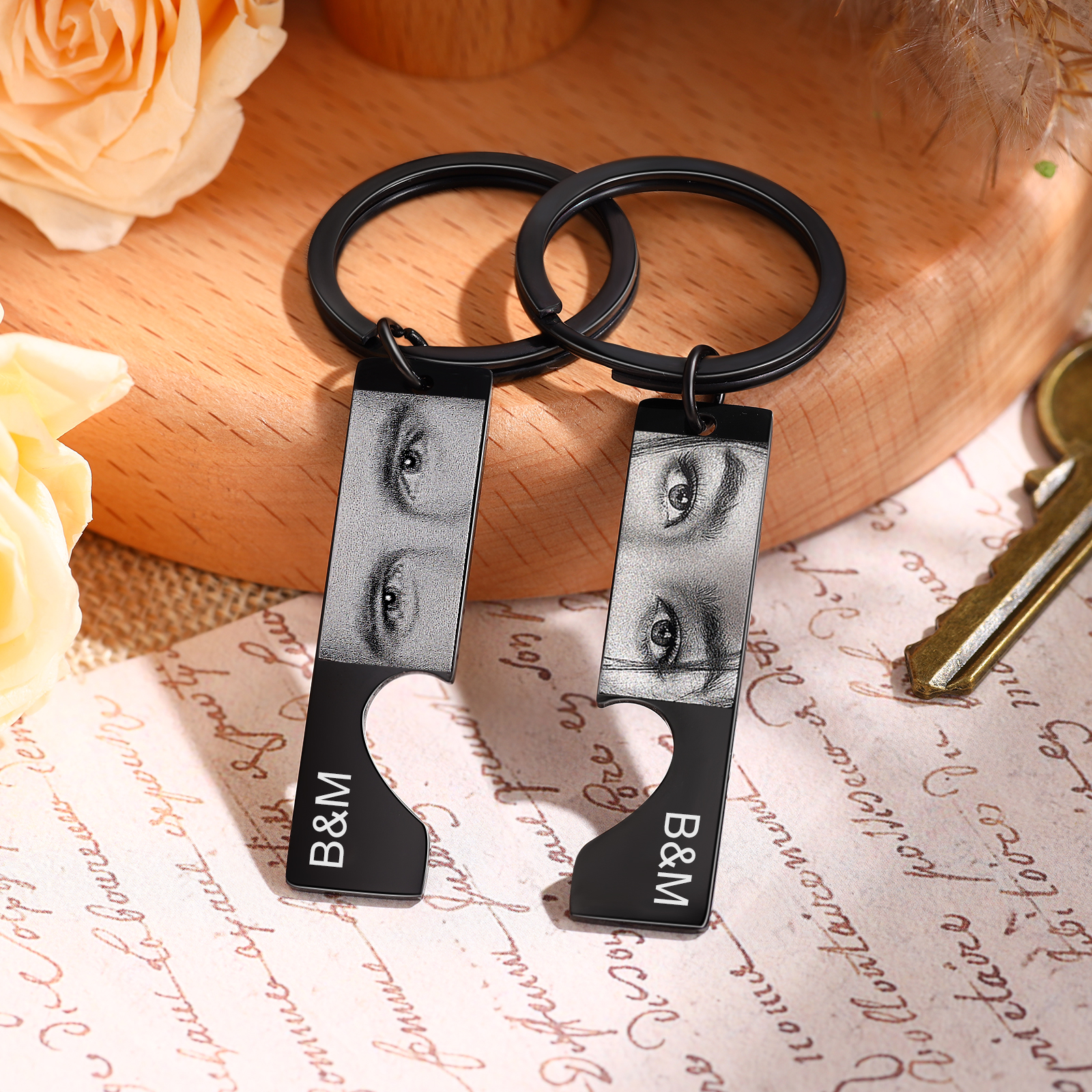 Personalised Eye Photo Keychain Custom 2 Photos and 2 Letters Heart Puzzle Matching Keychain Gift for Couple