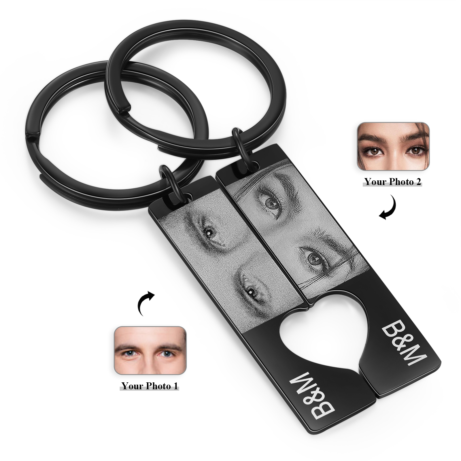 Personalised Eye Photo Keychain Custom 2 Photos and 2 Letters Heart Puzzle Matching Keychain Gift for Couple