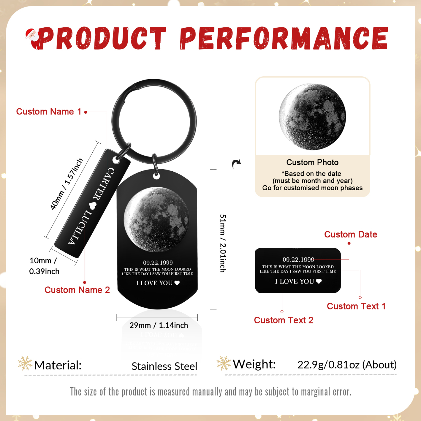 Personalised 2 Names and 2 Texts Keyring The Day You Were Born Custom Moon Phase Keychain Gift for Couple