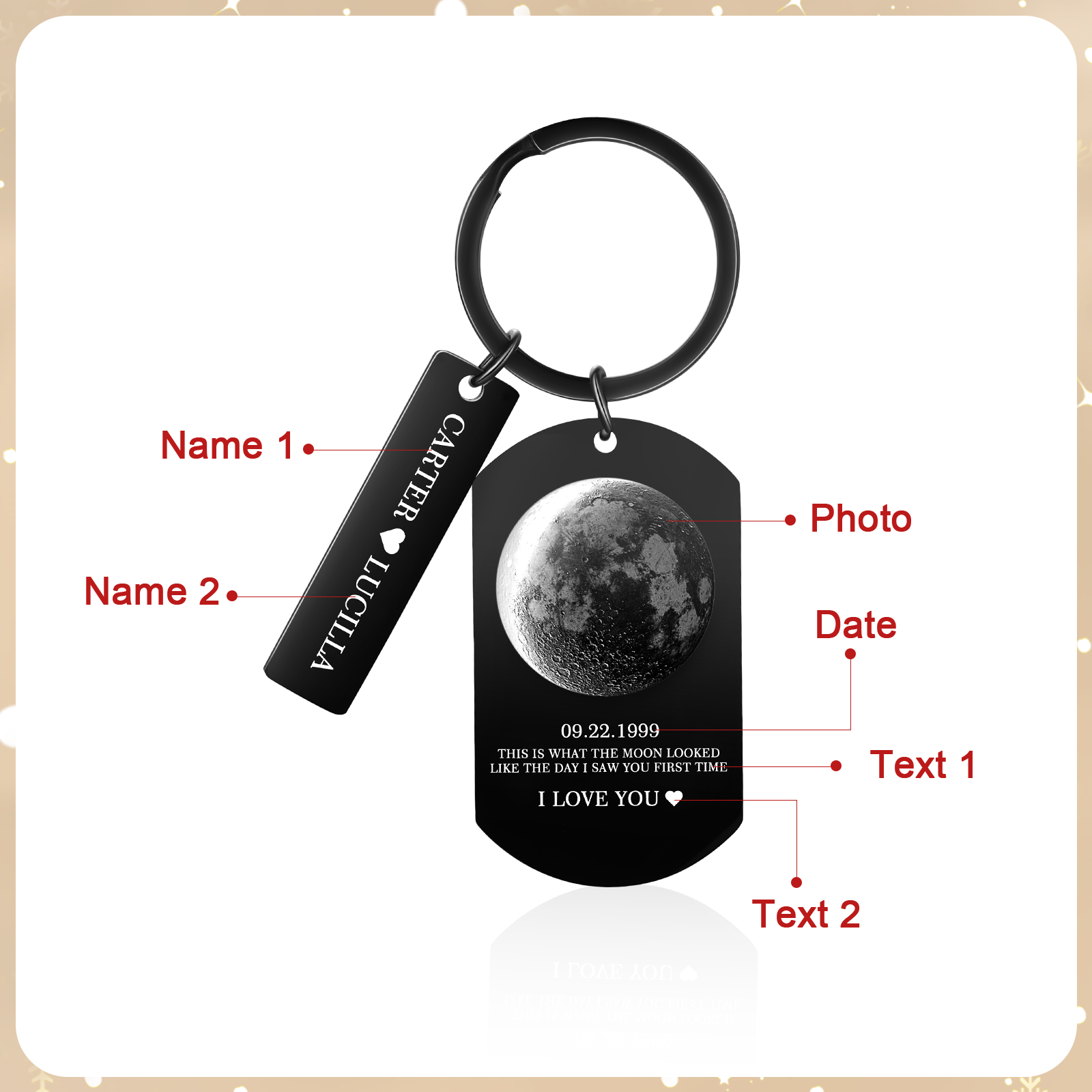 Personalised 2 Names and 2 Texts Keyring The Day You Were Born Custom Moon Phase Keychain Gift for Couple