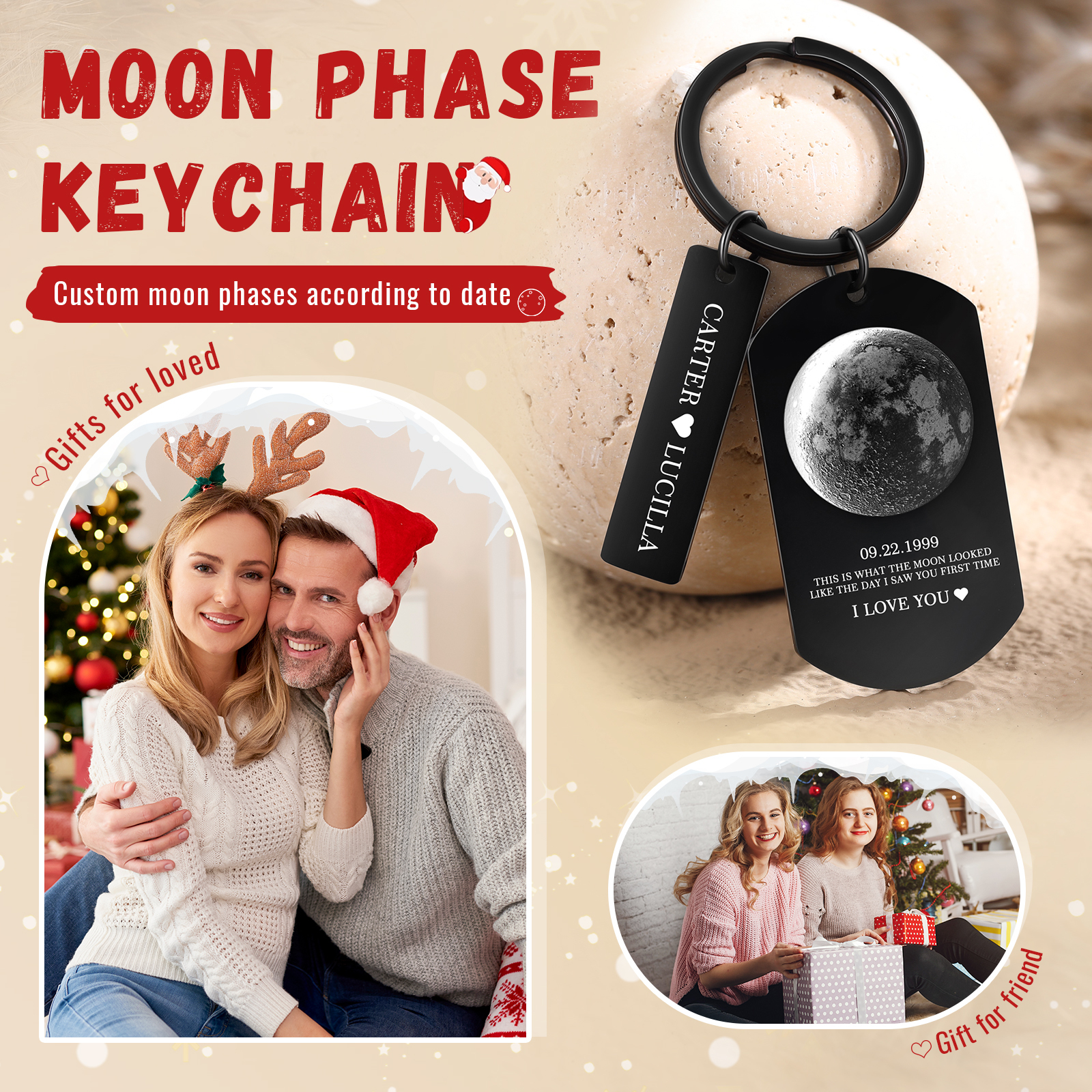Personalised 2 Names and 2 Texts Keyring The Day You Were Born Custom Moon Phase Keychain Gift for Couple