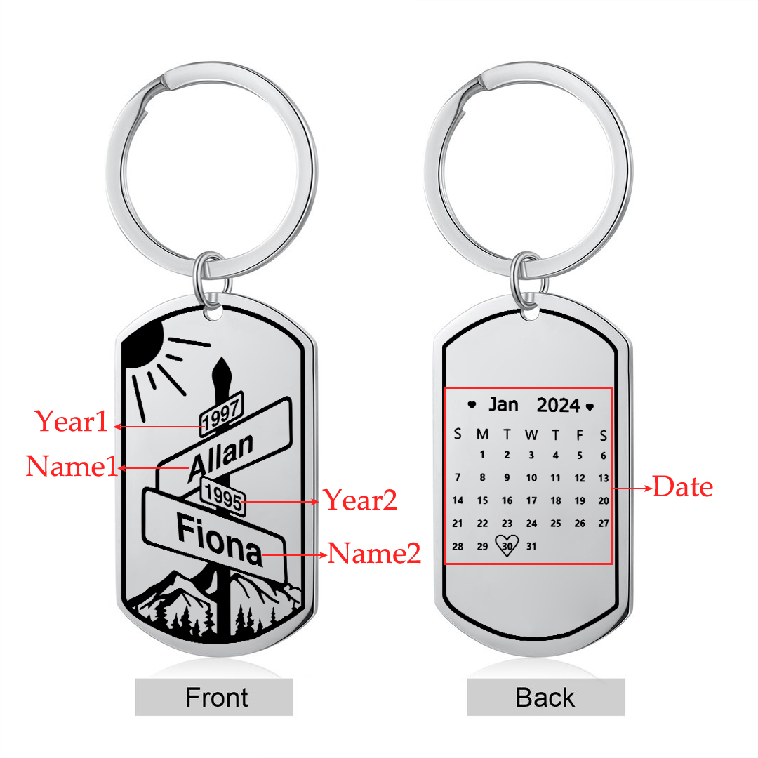 Personalised Couple Keychain Custom Name Date Street Sign Keychain with 2 Names 2 Years and 1 Date Personalised Intersection of Love Anniversary Gift for Lover