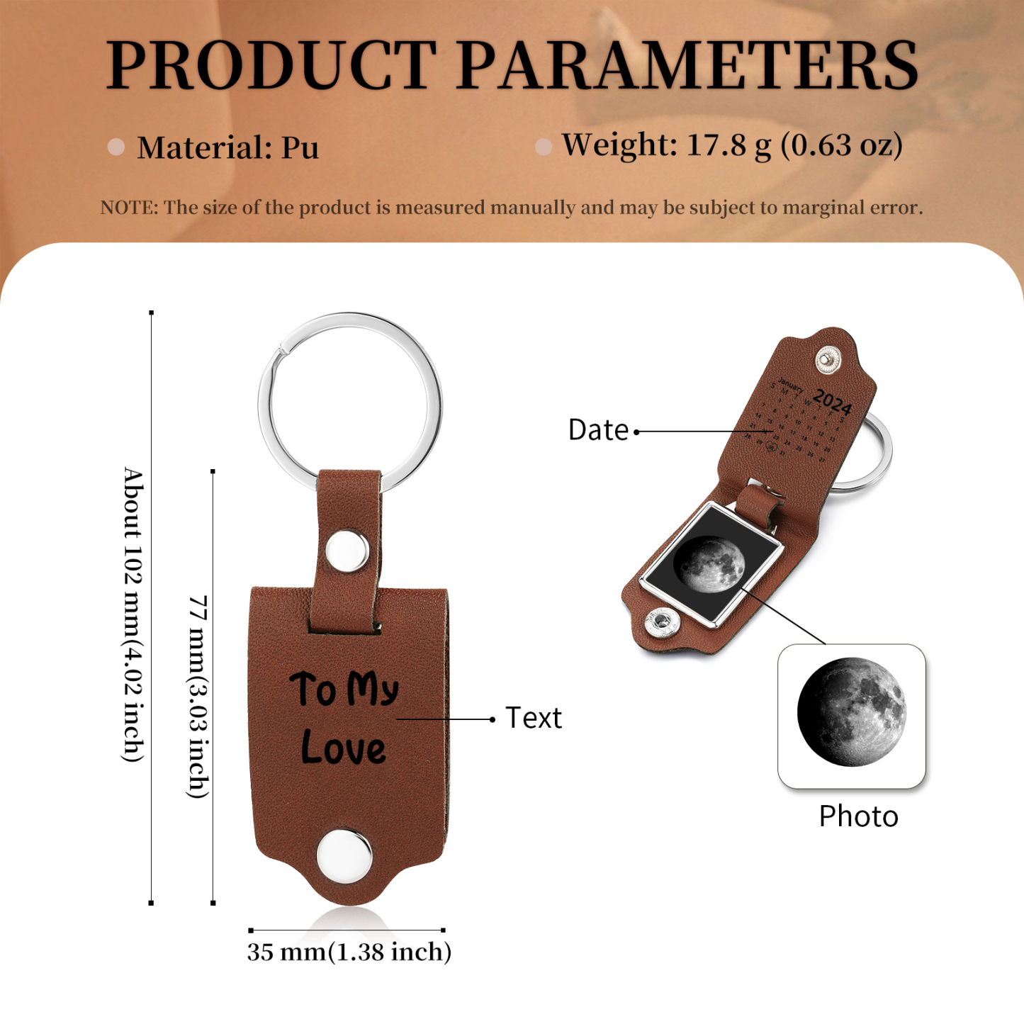 Custom Moon Phase Keychain Personalised Date Leather Keyring Gift for Her or Him