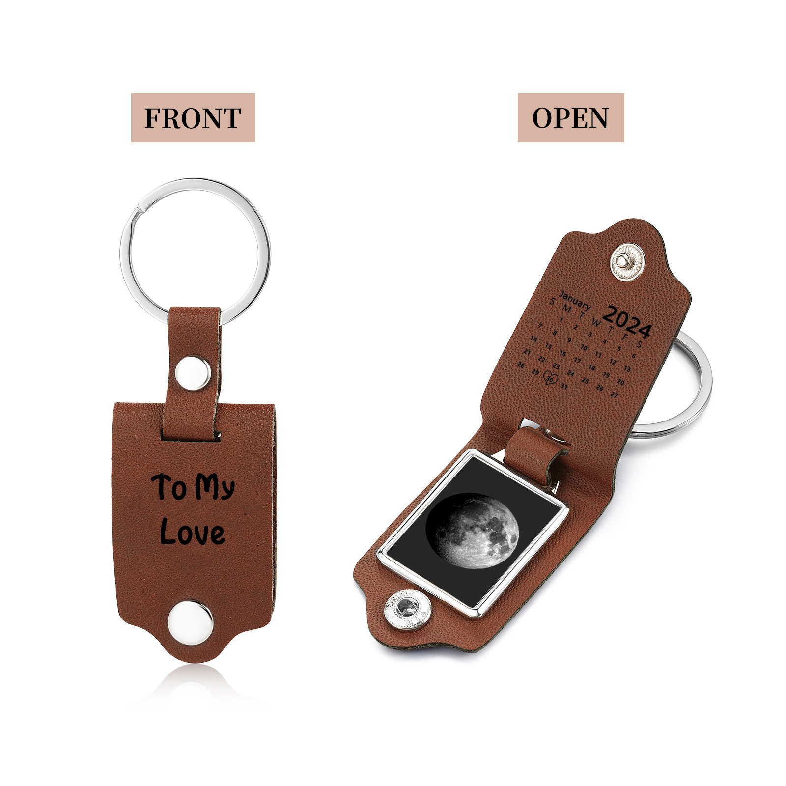 Custom Moon Phase Keychain Personalised Date Leather Keyring Gift for Her or Him