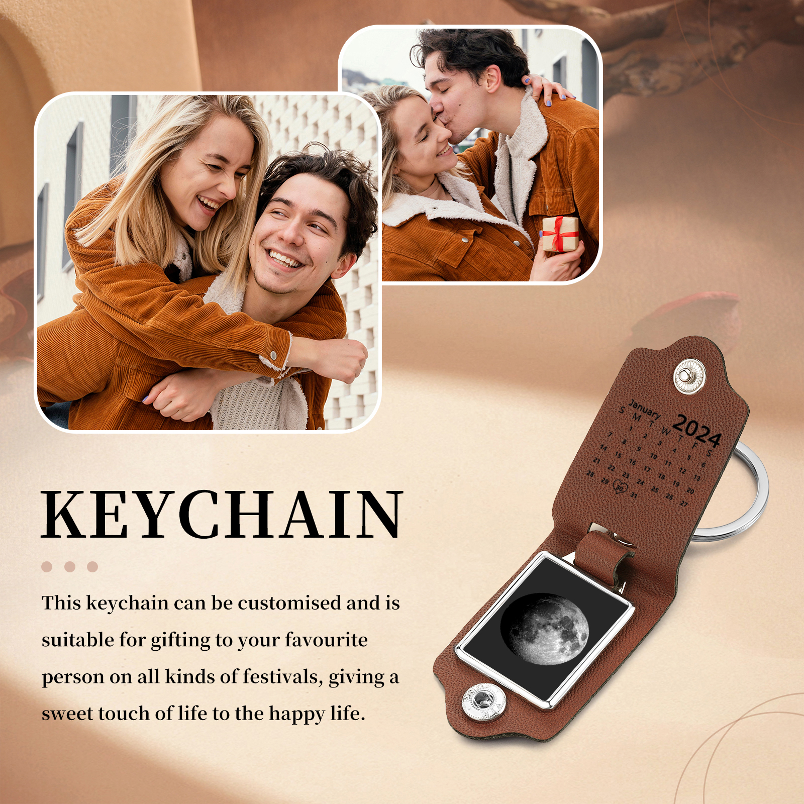 Custom Moon Phase Keychain Personalised Date Leather Keyring Gift for Her or Him