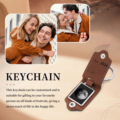 Custom Moon Phase Keychain Personalised Date Leather Keyring Gift for Her or Him