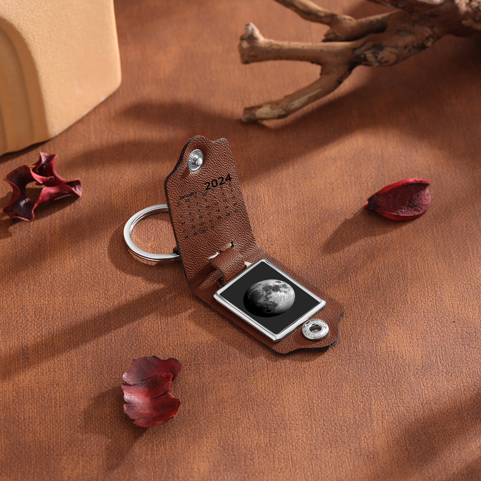 Custom Moon Phase Keychain Personalised Date Leather Keyring Gift for Her or Him