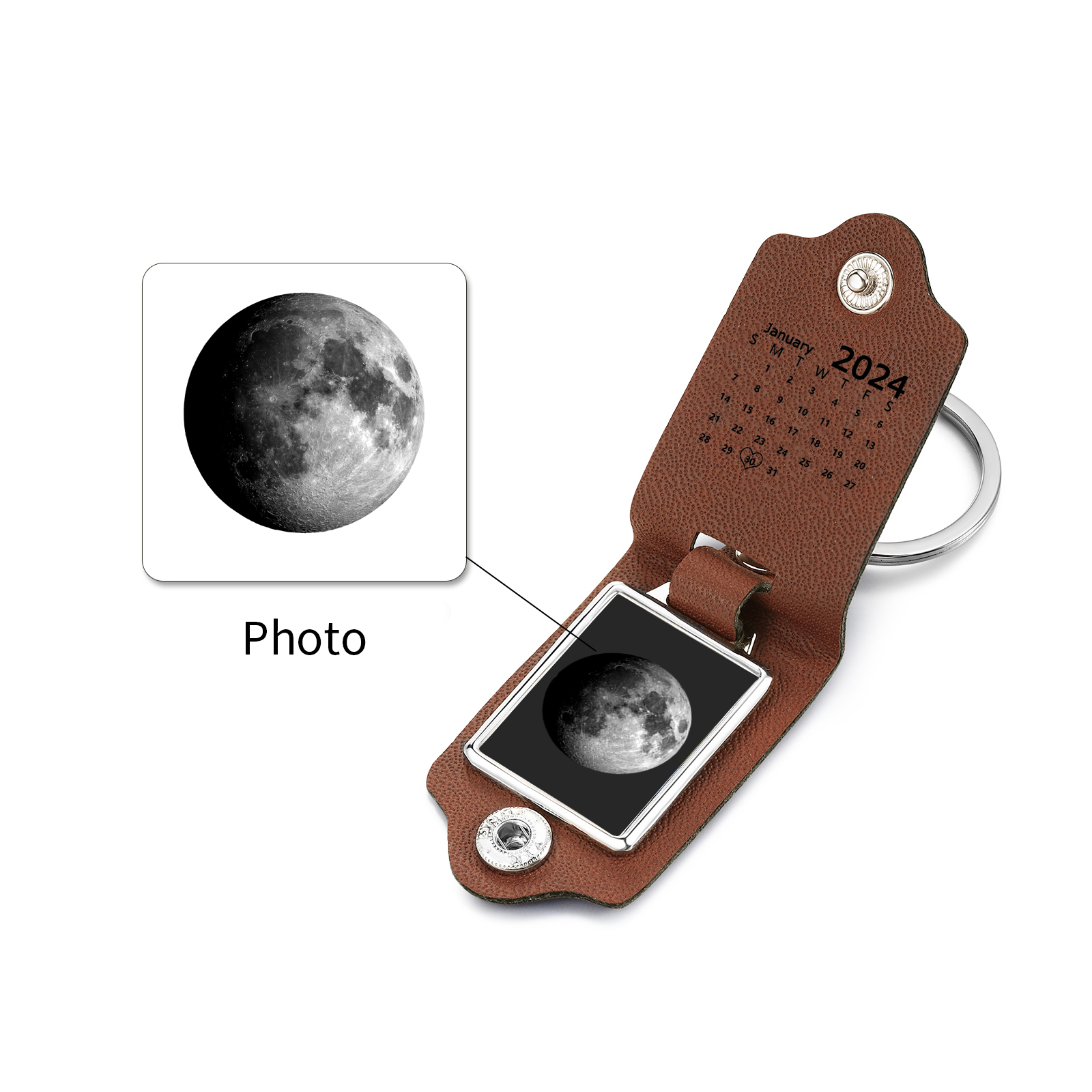 Custom Moon Phase Keychain Personalised Date Leather Keyring Gift for Her or Him