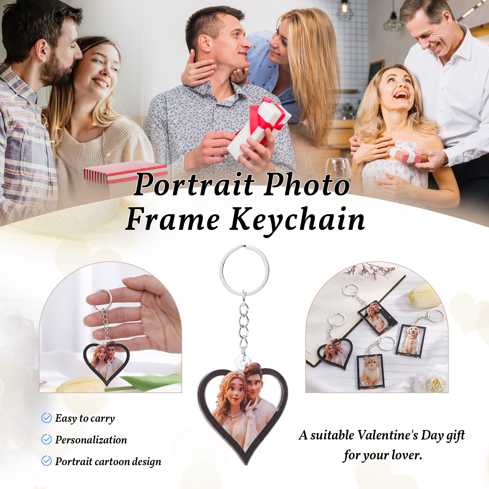 Personalised Cartoon Keychain Heart & Rectangle Styles Valentine’s Day Gift for Him or Her