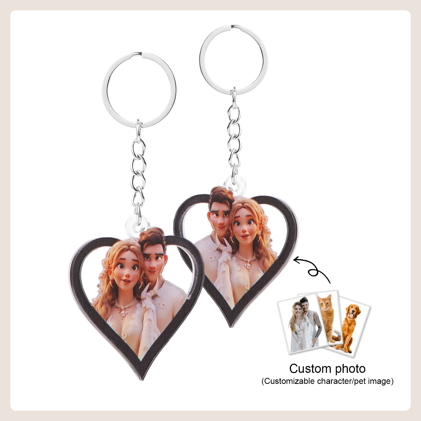 Personalised Cartoon Keychain Heart & Rectangle Styles Valentine’s Day Gift for Him or Her