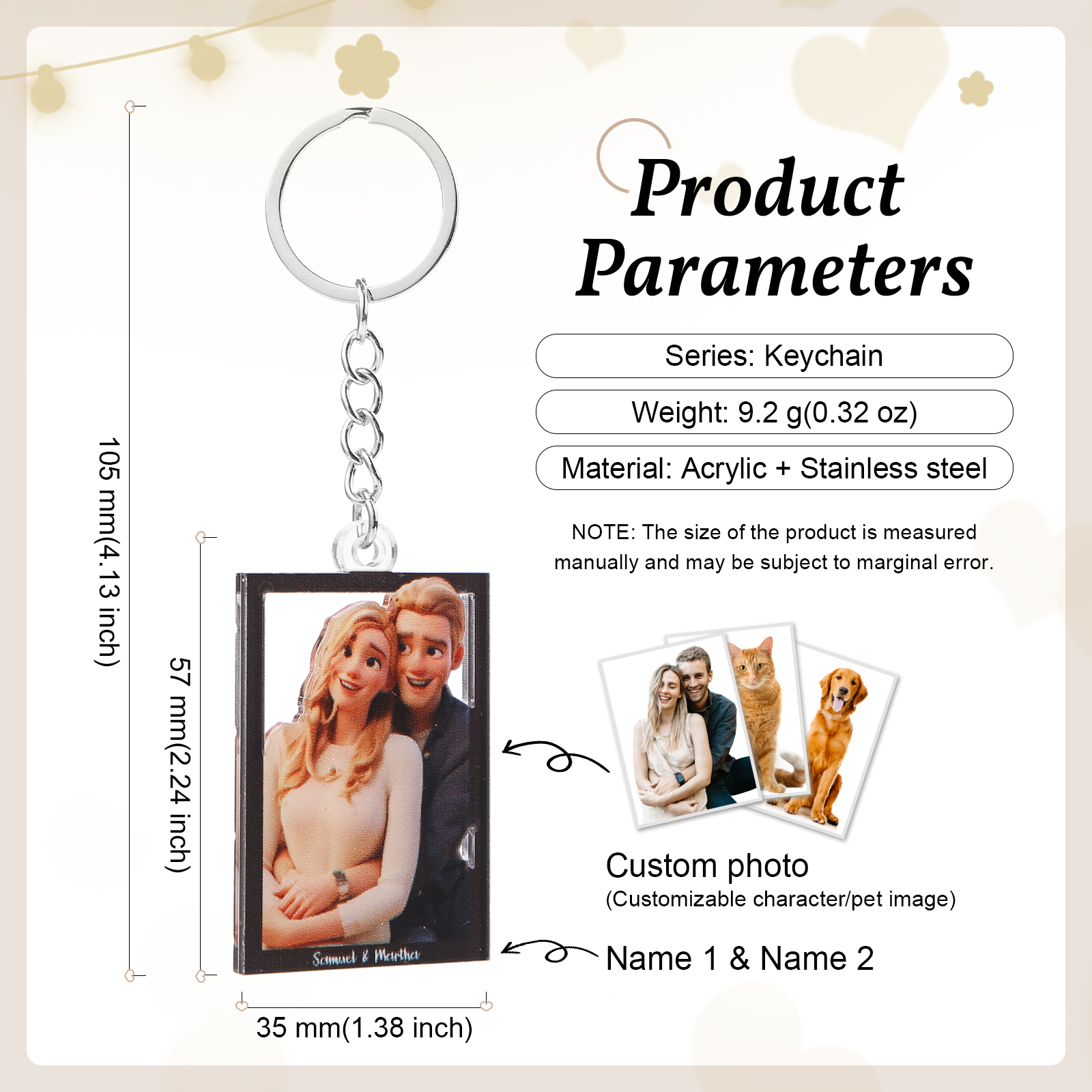 Personalised Cartoon Keychain Heart & Rectangle Styles Valentine’s Day Gift for Him or Her