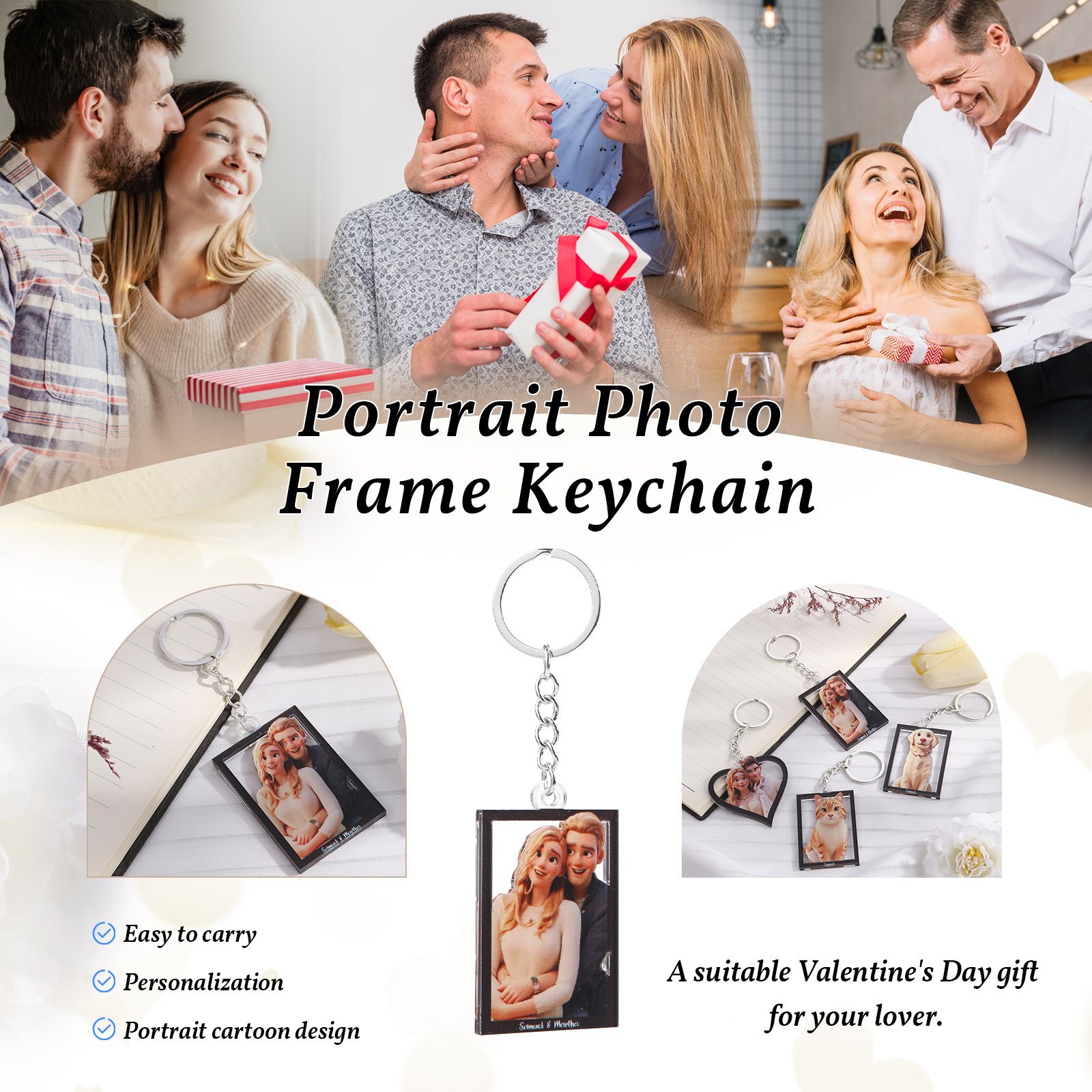 Personalised Cartoon Keychain Heart & Rectangle Styles Valentine’s Day Gift for Him or Her