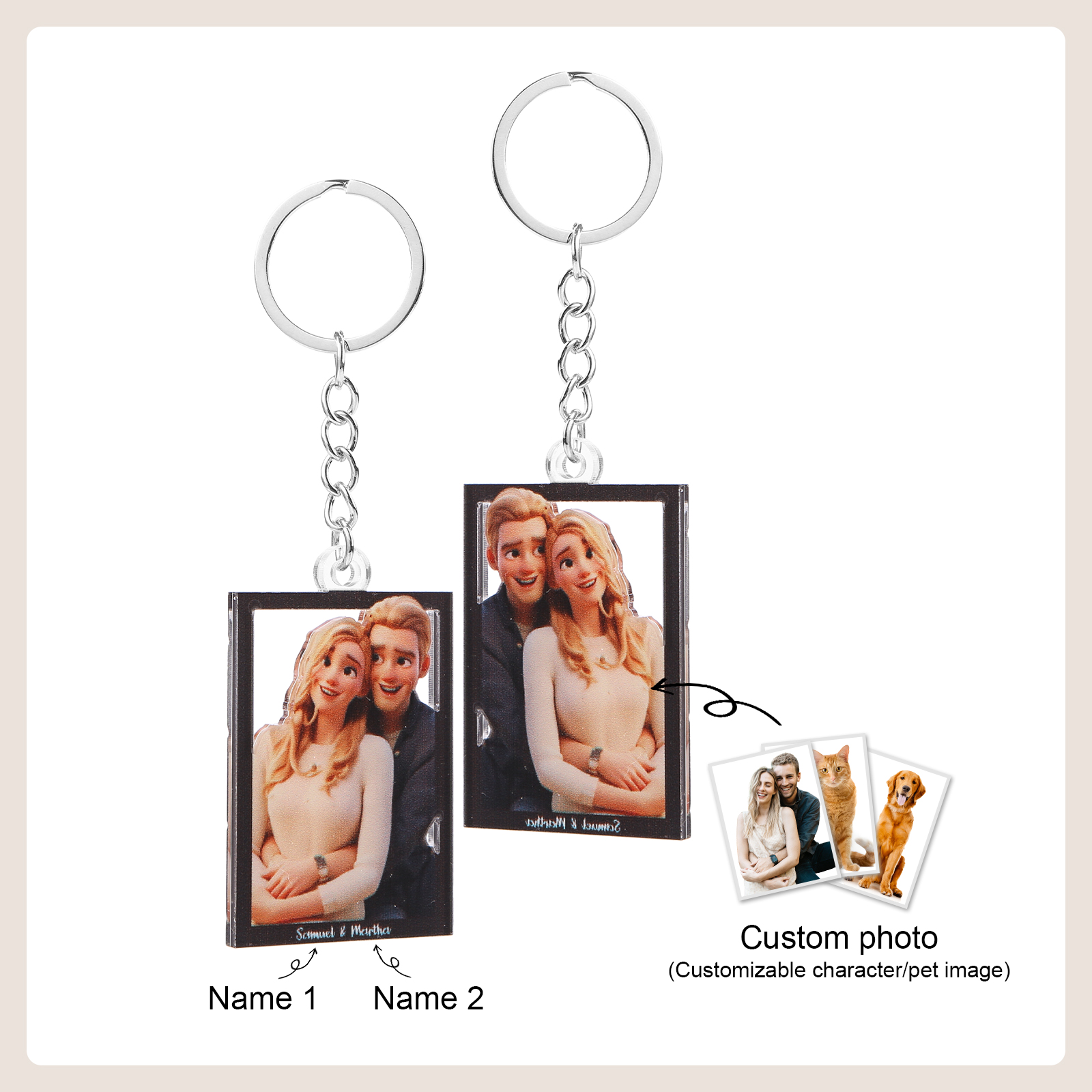 Personalised Cartoon Keychain Heart & Rectangle Styles Valentine’s Day Gift for Him or Her