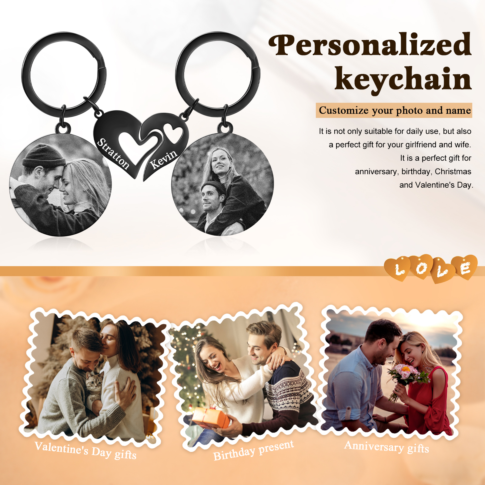 Personalised Keychain Heart Puzzle with Customised Engraved Photos and Names Gift for Couple
