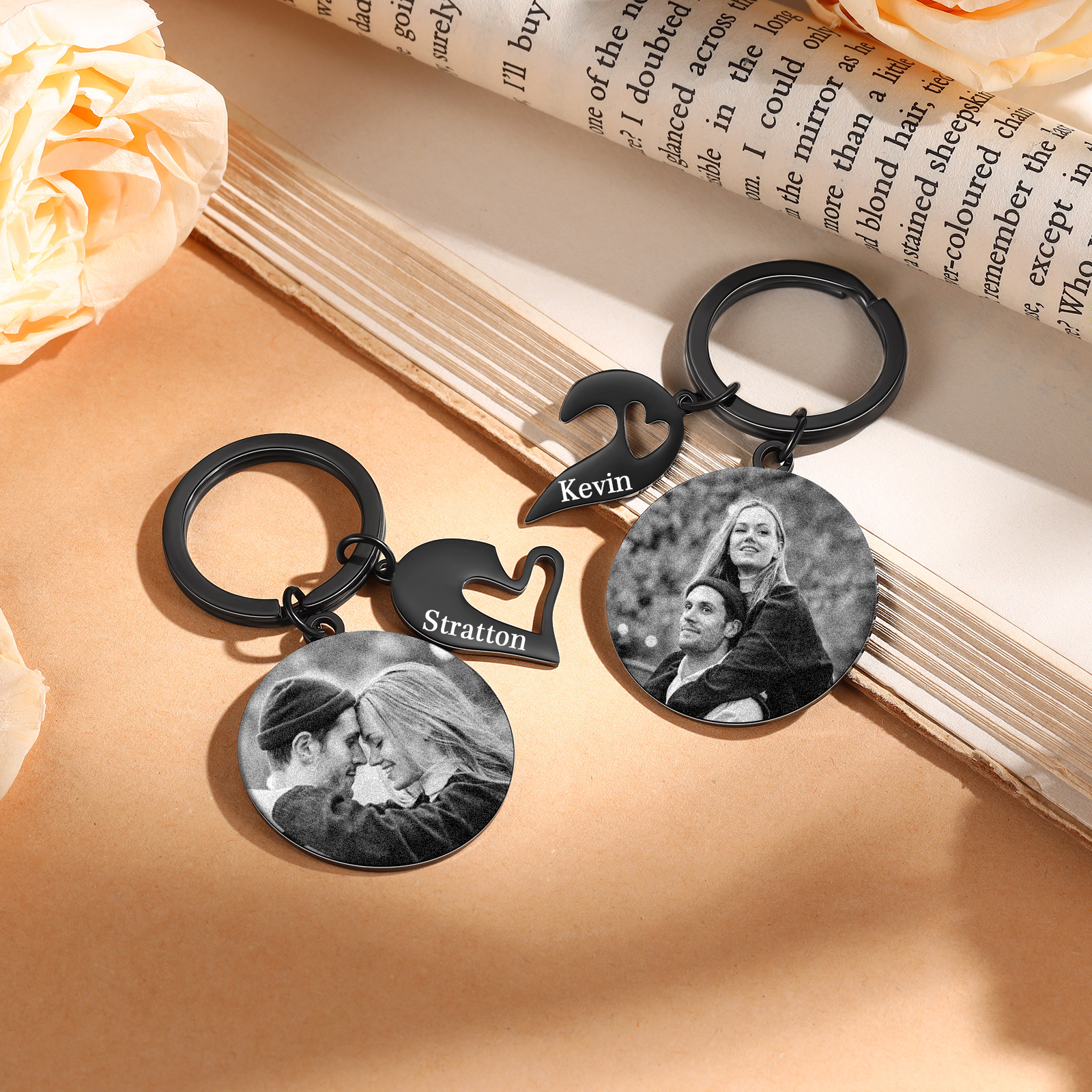 Personalised Keychain Heart Puzzle with Customised Engraved Photos and Names Gift for Couple