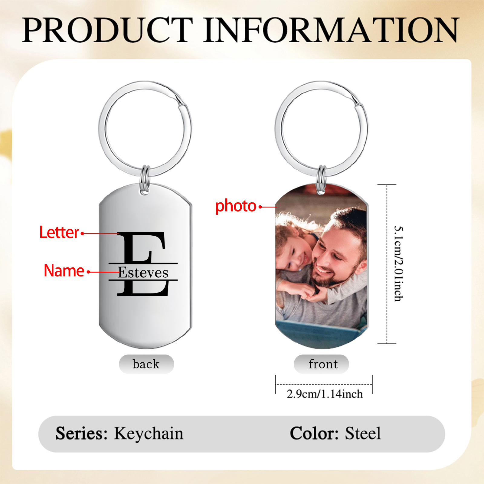 Personalised Photo Keychain Custom Name Photo Letter Valentines Day Gift for Him or Her