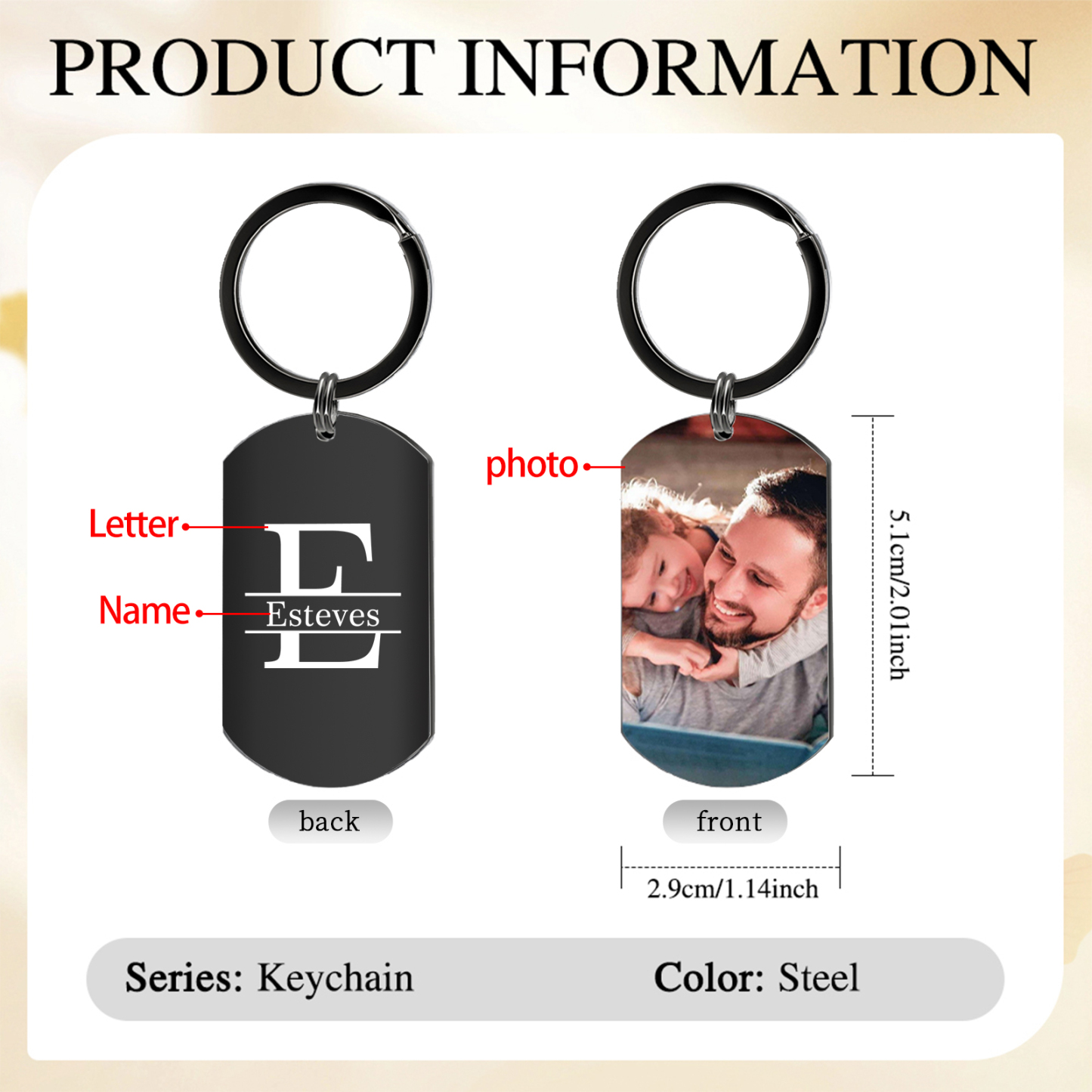 Personalised Photo Keychain Custom Name Photo Letter Valentines Day Gift for Him or Her