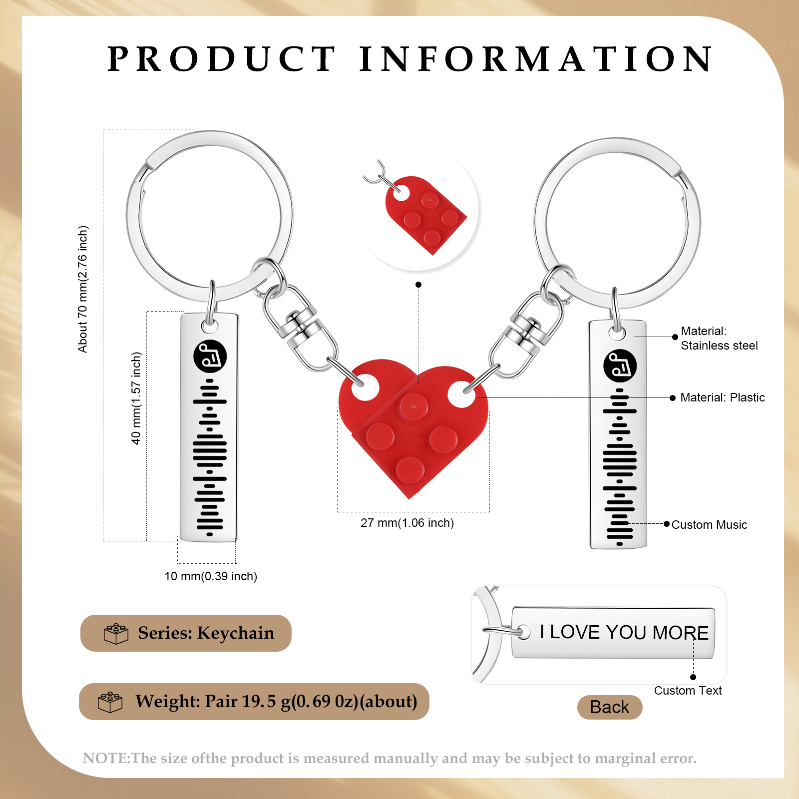 Personalised Spotify Heart Keychain Set – Custom Brick Heart Matching Keepsake for Couples | Jessemde