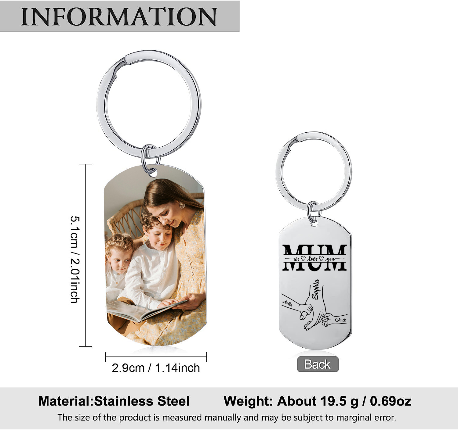 Personalised Photo Keychain custom with 3 Names Keyring " Mum I love you " Gift for Mum | Jessemade