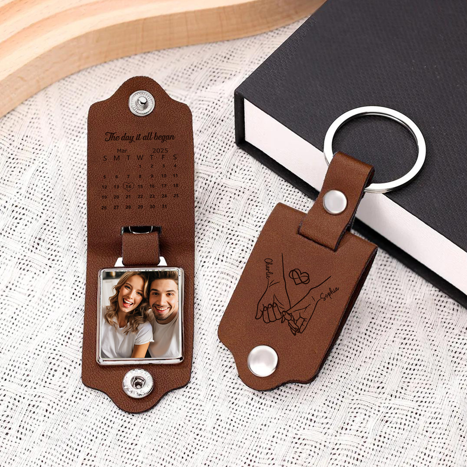 Personalised Couple Leather Photo Keyring with Calendar
