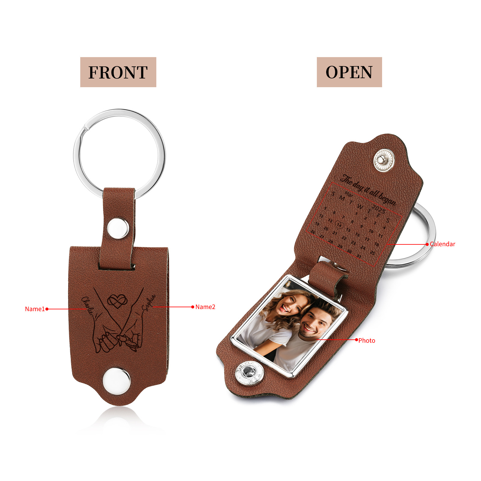 Personalised Couple Leather Photo Keyring with Calendar
