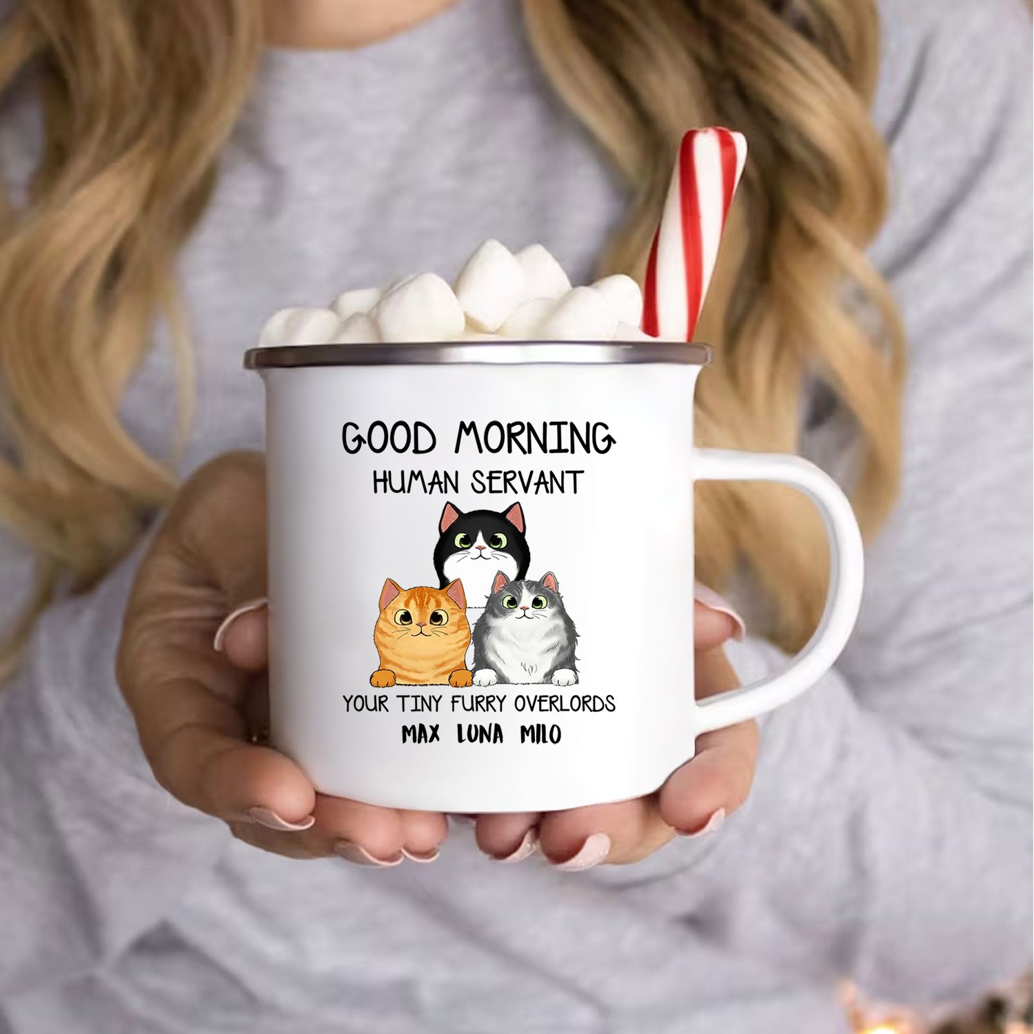 Customisable enamelled mug – funny cats ‘Servant’